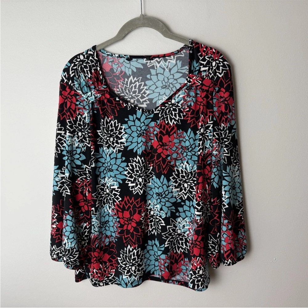 Women's Top Size Large Blouse Shirt 3/4 Sleeves Floral Stretch Black Blue Red
